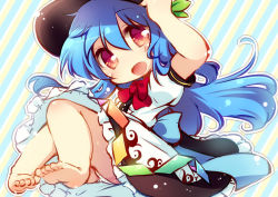 Rule 34 | 1girl, barefoot, black skirt, blouse, blue hair, blue ribbon, blush, bow, bowtie, feet, happy, hat, holding, holding clothes, holding hat, knees together feet apart, long hair, matatabi (nigatsu), open mouth, panties, pantyshot, puffy short sleeves, puffy sleeves, red bow, red eyes, ribbon, shirt, short sleeves, skirt, solo, touhou, underwear, upskirt, very long hair, white panties, white shirt