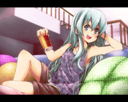 Rule 34 | 1girl, alcohol, beer, cushion, female focus, hatsune miku, indoors, letterboxed, long hair, open mouth, reclining, sitting, solo, tanashi (mk2), vocaloid