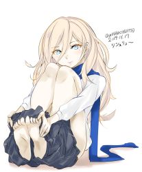 Rule 34 | 2019, bare legs, barefoot, blonde hair, blue eyes, blue scarf, dated, dressing, hair between eyes, highres, kantai collection, knees to chest, lips, long hair, mole, mole under eye, mole under mouth, one-hour drawing challenge, partially undressed, richelieu (kancolle), scarf, skirt around ankles, solo, tororo ten, twitter username, white background