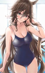 Rule 34 | 1girl, animal ears, bare shoulders, blue one-piece swimsuit, breasts, brown hair, cleavage, green eyes, hair ornament, hairclip, highres, horse ears, horse girl, horse tail, huziko32, large breasts, long hair, looking at viewer, mr. c.b. (umamusume), one-piece swimsuit, school swimsuit, smile, solo, swimsuit, tail, thighs, umamusume, wet