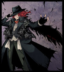 Rule 34 | 10s, 1boy, adjusting clothes, adjusting headwear, ardyn izunia, character name, coat, evil grin, evil smile, fedora, final fantasy, final fantasy xv, fingerless gloves, gloves, grin, hat, looking at viewer, male focus, red hair, shouta (shbz), smile, solo, yellow eyes