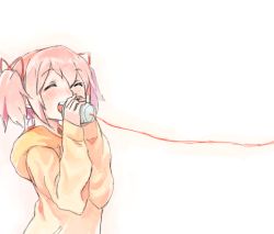Rule 34 | 10s, 1girl, bad id, bad pixiv id, casual, closed eyes, hair ribbon, happy, hood, hoodie, kaname madoka, mahou shoujo madoka magica, mahou shoujo madoka magica (anime), open mouth, phone, ribbon, short twintails, smile, solo, string phone, twintails, yoplait