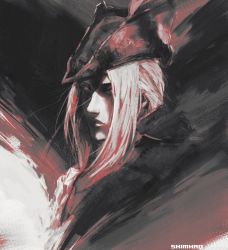 Rule 34 | 1girl, artist name, bicorne, bloodborne, closed mouth, commentary, english commentary, hat, hat feather, highres, lady maria of the astral clocktower, looking at viewer, monochrome, pink theme, portrait, shimhaq, solo, the old hunters