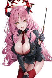 Rule 34 | 1girl, black gloves, blue archive, bra, breasts, cleavage, demon horns, fangs, gloves, halo, highres, holding, holding pointer, horns, large breasts, leaning forward, long hair, looking at viewer, military, military uniform, mole, mole on breast, necktie, pink hair, pointer, red bra, red necktie, red thighhighs, rity, satsuki (blue archive), smile, solo, thighhighs, underwear, uniform, yellow eyes