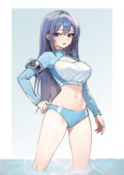 Rule 34 | 1girl, absurdres, armband, bikini, bikini bottom only, blue bikini, blue eyes, blue hair, braid, breasts, character request, commission, crop top, gluteal fold, highres, large breasts, long hair, long sleeves, looking at viewer, midriff, navel, original, rehu, shirt, solo, standing, stomach, swimsuit, thighs, wading, water, wet, white shirt