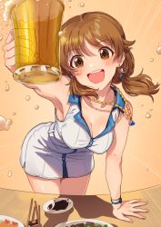 Rule 34 | 1girl, :d, alcohol, arm support, armpits, bare shoulders, beer, beer mug, belt, blush, bracelet, breasts, brown eyes, brown hair, chopsticks, cleavage, collarbone, commentary request, cowboy shot, cup, dress, earrings, foam, food, holding, holding cup, idolmaster, idolmaster cinderella girls, jewelry, kamille (vcx68), katagiri sanae, leaning forward, long hair, looking at viewer, low twintails, medium breasts, mug, necklace, open mouth, orange background, outstretched arm, plate, short dress, short twintails, sleeveless, sleeveless dress, smile, solo, standing, table, twintails, white belt, white dress