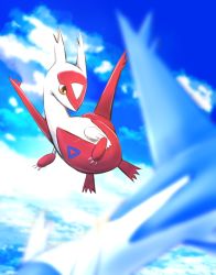 Rule 34 | above clouds, absurdres, blurry, blurry foreground, claws, cloud, commentary request, creatures (company), day, flying, game freak, gen 3 pokemon, highres, kikuzunooka, latias, latios, legendary pokemon, nintendo, no humans, orange eyes, outdoors, pokemon, pokemon (creature), sky