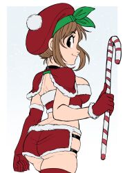 Rule 34 | 1girl, ass, atelier (series), atelier ryza, breasts, brown eyes, brown hair, candy, candy cane, christmas, closed mouth, food, gloves, hair ornament, hat, highres, large breasts, looking at viewer, medium breasts, red gloves, red shorts, reisalin stout, short hair, short shorts, shorts, simple background, smile, solo, teevo, thighhighs, white background