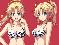Rule 34 | 1girl, bare shoulders, bikini, blonde hair, blush, braid, breasts, cleavage, collarbone, fate/apocrypha, fate (series), french braid, green eyes, hair ornament, hair scrunchie, haura akitoshi, long hair, looking at viewer, medium breasts, mordred (fate), mordred (fate/apocrypha), multiple views, navel, open mouth, parted bangs, ponytail, red background, scrunchie, sidelocks, swimsuit, white bikini