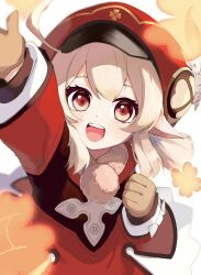 Rule 34 | 1girl, :d, absurdres, ahoge, arm up, blurry, brown gloves, brown scarf, cabbie hat, child, clover print, coat, commentary request, depth of field, genshin impact, gloves, hair between eyes, hat, hat feather, hat ornament, highres, kissousan, klee (genshin impact), light brown hair, long hair, long sleeves, looking at viewer, open mouth, pointy ears, reaching, reaching towards viewer, red coat, red eyes, red hat, scarf, sidelocks, simple background, smile, solo, white background