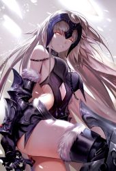 Rule 34 | 1girl, armor, armored leotard, bare shoulders, breasts, cape, center opening, choker, cowboy shot, fate/grand order, fate (series), faulds, fur trim, gauntlets, grey background, headpiece, highres, jeanne d&#039;arc (fate), jeanne d&#039;arc alter (avenger) (fate), jeanne d&#039;arc alter (avenger) (third ascension) (fate), jeanne d&#039;arc alter (fate), large breasts, long hair, shycocoa, silver hair, smile, sword, thighhighs, tsurime, two-tone background, very long hair, weapon, yellow eyes