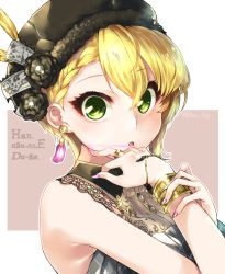 Rule 34 | 1girl, asymmetrical hair, bangle, beige background, blonde hair, bracelet, commentary request, earrings, green eyes, hat, highres, idolmaster, idolmaster cinderella girls, jewelry, lipstick, looking at viewer, makeup, miyamoto frederica, nail polish, paopao, pink nails, ring, shirt, short hair, sleeveless, sleeveless shirt, solo, upper body, wavy hair, white background