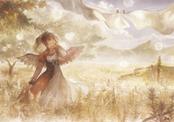 Rule 34 | 1girl, amulet, angel wings, asymmetrical clothes, bad id, bad pixiv id, black eyes, clothesline, cloud, dress, field, flower, food, fruit, grass, hair ribbon, hand on own cheek, hand on own face, horizon, laundry, lens flare, long hair, looking up, mountain, mountainous horizon, muted color, original, ribbon, scenery, sky, solo, taku (fishdrive), tree, twintails, wings