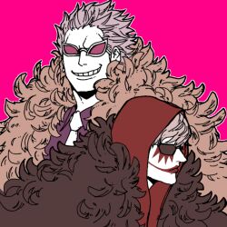 Rule 34 | 2boys, black coat, brothers, coat, collared shirt, donquixote doflamingo, donquixote rocinante, feather coat, grey hair, grin, looking at viewer, makeup, male focus, mawari28, multiple boys, necktie, one piece, pink background, pink coat, portrait, profile, purple shirt, red hood, shirt, short hair, siblings, sketch, smile, sunglasses, white necktie