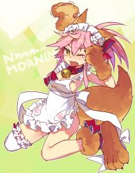 Rule 34 | 1girl, animal ears, animal hands, apron, bell, bow, collar, fang, fate/grand order, fate (series), fox ears, fox tail, full body, gloves, hair bow, naked apron, neck bell, negi (ulog&#039;be), one eye closed, paw gloves, pink hair, ponytail, solo, tail, tamamo (fate), tamamo cat (fate), tamamo cat (third ascension) (fate), tamamo no mae (fate/extra), tears, yawning, yellow eyes