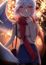 Rule 34 | 1girl, adapted costume, angel wings, backlighting, bag, beige sweater, black pantyhose, blue skirt, blurry, blush, bokeh, breasts, commentary request, cowboy shot, depth of field, diffraction spikes, earrings, glint, hair between eyes, hand up, handbag, jewelry, kishin sagume, looking at viewer, medium breasts, night, pantyhose, parted lips, red eyes, red scarf, ribbed sweater, ring, sakana monyaka, scarf, short hair, silver hair, single wing, skirt, solo, sparkle, standing, sweater, touhou, wings