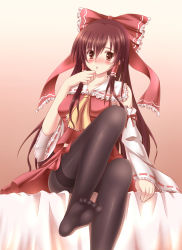 Rule 34 | 1girl, absurdres, ascot, bad id, bad pixiv id, black pantyhose, blush, bow, breasts, brown eyes, brown hair, detached sleeves, feet, female focus, hair bow, hair tubes, hakurei reimu, highres, large breasts, long hair, no shoes, open mouth, pantyhose, ribbon, sarashi, sitting, skirt, soles, solo, thighband pantyhose, toes, touhou, zhou yu (ppaaqz1995)