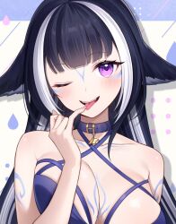 Rule 34 | 1girl, animal ears, belt collar, bikini, black hair, blue bikini, blue collar, blush, body markings, breasts, chacha rw, collar, commentary, commission, facial mark, halterneck, indie virtual youtuber, large breasts, long hair, looking at viewer, multicolored hair, one eye closed, open mouth, purple eyes, shylily, shylily (bikini), skeb commission, smile, solo, streaked hair, swimsuit, symbol-only commentary, tongue, tongue out, very long hair, virtual youtuber, white hair