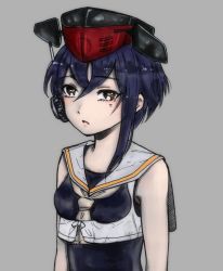 Rule 34 | 10s, 1girl, asymmetrical hair, bare shoulders, black hair, blush, breasts, brown eyes, commentary, dodomori, framed breasts, grey background, hair between eyes, hat, headphones, i-13 (kancolle), kantai collection, sailor collar, school swimsuit, short hair, simple background, sleeveless, solo, swimsuit