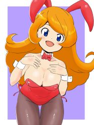 Rule 34 | 1girl, :d, alternate costume, animal ears, bare shoulders, blue eyes, blush, border, bow, bowtie, breasts, cleavage, collarbone, detached collar, detesu, dot nose, fake animal ears, female focus, hands on own chest, highres, leaning forward, leotard, long hair, looking at viewer, medium breasts, mona (warioware), nintendo, open mouth, orange hair, outside border, pantyhose, playboy bunny, purple background, rabbit ears, red bow, red bowtie, red leotard, smile, solo, standing, strapless, strapless leotard, warioware, white border, wrist cuffs