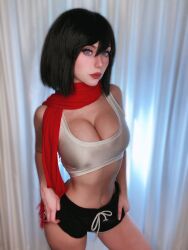 Rule 34 | 1girl, black hair, black shorts, breasts, cosplay, female pervert, highres, large breasts, medium hair, mikasa ackerman, mikasa ackerman (cosplay), pervert, photo (medium), presenting, real life, sexually suggestive, short hair, shorts, solo, solo focus