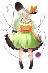 Rule 34 | 1girl, absurdres, black footwear, black hat, bow, breasts, commentary request, frilled skirt, frills, full body, green eyes, green hair, green skirt, hat, hat bow, heart, heart of string, highres, komeiji koishi, large breasts, long hair, open mouth, polyhedron2, simple background, skirt, solo, standing, third eye, touhou, white background, yellow bow