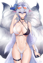 Rule 34 | 1girl, absurdres, animal ears, arm up, aviator sunglasses, azur lane, bikini, black choker, breasts, choker, closed mouth, criss-cross halter, eyewear on head, fluffy, fox mask, fox tail, gradient hair, halterneck, highleg, highleg bikini, highres, large breasts, long hair, looking at viewer, mask, mask on head, multicolored hair, multiple tails, navel, simple background, solo, sunglasses, sunglasses on head, swimsuit, tail, thick eyebrows, thighs, tosa (azur lane), tosa (hometown zest) (azur lane), two-tone bikini, unique (pixiv12704744), white background