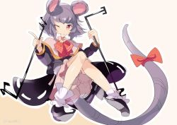 Rule 34 | 1girl, adapted costume, alternate costume, amano kenpi, animal ears, artist name, bloomers, bow, capelet, dowsing rod, grey hair, long sleeves, looking at viewer, md5 mismatch, mouse ears, mouse tail, nazrin, one eye closed, resized, ribbon, shirt, short hair, simple background, skirt, skirt set, smile, socks, solo, tail, tail ornament, tail ribbon, touhou, underwear, vest, white socks