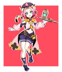 Rule 34 | :3, animal ear fluff, animal ears, bag, belt, bottle, carrying, cat ears, cat girl, cat tail, detached sleeves, diona (genshin impact), forehead, genshin impact, gloves, green eyes, hat, highres, paw print, pink hair, puffy detached sleeves, puffy shorts, puffy sleeves, rsutibu, shorts, skewer, solo, standing, standing on one leg, tail, thick eyebrows, tray, two-tone background, white gloves