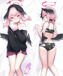 Rule 34 | 1girl, bed sheet, beret, bikini, black bikini, black headwear, black shirt, black wings, blue archive, blush, closed mouth, feathered wings, floral print, halo, haniwa (statue), hat, head wings, highres, koharu (blue archive), koharu (swimsuit) (blue archive), long hair, long sleeves, looking at viewer, low twintails, miaohik, multiple views, official alternate costume, open mouth, pink eyes, pink hair, print bikini, red halo, sailor collar, sailor shirt, shirt, swimsuit, twintails, white sailor collar, wings