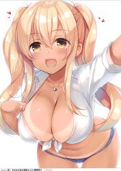 Rule 34 | 1girl, absurdres, bikini tan, blonde hair, blush, braid, breasts, brown eyes, cleavage, collarbone, fang, front-tie shirt, front-tie top, hair between eyes, heart, highres, jewelry, large breasts, leaning forward, long hair, looking at viewer, mole, mole on stomach, navel, necklace, open mouth, sazaki ichiri, scan, selfie, short shorts, shorts, simple background, smile, solo, sunohara nana, sunoharasou no kanrinin-san, tan, tanline, twintails, white background