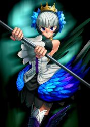 Rule 34 | 1girl, aqua background, armor, armored dress, blush, boots, choker, crown, dress, elbow gloves, gloves, gwendolyn (odin sphere), hat, highres, odin sphere, polearm, pteruges, solo, strapless, strapless dress, thigh boots, thighhighs, weapon, white hair, wings, youkai ankake