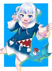 Rule 34 | 1girl, :d, bloop (gawr gura), blue eyes, blue hair, blue hoodie, blunt bangs, blush, claw pose, commentary, fins, fish tail, gawr gura, gawr gura (1st costume), gradient sleeves, grey hair, highres, hololive, hololive english, hood, hoodie, long hair, long sleeves, looking at viewer, multicolored hair, no pants, open mouth, panko (rlyrd1), shark girl, shark tail, sharp teeth, smile, solo, streaked hair, tail, teeth, two side up, upper teeth only, v-shaped eyebrows, virtual youtuber, wide sleeves