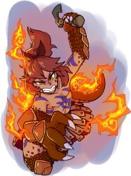 Rule 34 | angry, axe, blue background, blush, body markings, brown hair, claws, clenched teeth, dark skin, dragon tail, facial mark, fire, flat chest, holding, holding axe, holding weapon, jumping, long hair, neck, nose, original, ponytail, scales, scowl, sidelocks, solo, tail, teeth, tenk, weapon, white background, yellow eyes