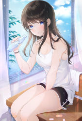 Rule 34 | 1girl, absurdres, bandaid, bandaid on knee, bandaid on leg, bare arms, bare shoulders, bead bracelet, beads, between legs, black hair, black shorts, blouse, blue eyes, bottle, bracelet, breasts, camisole, classroom, cleavage, desk, dolphin shorts, from side, highres, holding, huge filesize, jewelry, lebring, long hair, looking at viewer, medium breasts, on desk, original, parted lips, shirt, short shorts, shorts, sitting, on desk, sleeveless, sleeveless shirt, solo, spaghetti strap, thighs, towel, water bottle, white shirt