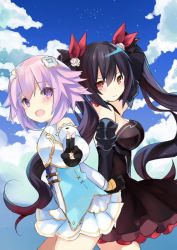 Rule 34 | 2girls, bare shoulders, black hair, blush, breasts, cleavage, female focus, four goddesses online: cyber dimension neptune, hair ornament, hair ribbon, long hair, medium breasts, mikan no shiru, multiple girls, neptune (neptunia), neptune (series), noire (neptunia), open mouth, purple eyes, purple hair, red eyes, ribbon, short hair, sky, smile, star (sky), starry sky, twintails, v, very long hair