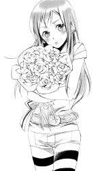 Rule 34 | bouquet, crossdressing, earrings, flower, greyscale, jewelry, koga norio, kumonosuke, long hair, male focus, monochrome, narutaru, rose, short shorts, shorts, solo, striped clothes, striped thighhighs, thighhighs, trap