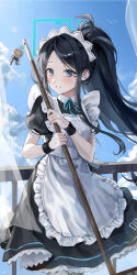 Rule 34 | &lt;key&gt; (blue archive), &lt;key&gt; (robot) (blue archive), 1girl, against railing, apron, aris (blue archive), aris (maid) (blue archive), black dress, black hair, blue archive, blue eyes, blue halo, blue ribbon, blue sky, blush, bracelet, broom, cloud, cloudy sky, collared shirt, commentary, curtains, day, dress, ekina (1217), feet out of frame, forehead, frilled apron, frills, grin, halo, high ponytail, highres, holding, holding broom, indoors, jewelry, lens flare, long hair, looking at viewer, maid, neck ribbon, open mouth, parted bangs, petticoat, puffy short sleeves, puffy sleeves, railing, raised eyebrows, ribbon, shirt, short sleeves, sidelocks, simple bird, sky, smile, solo, teeth, white apron, white shirt