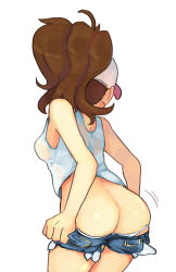 Rule 34 | 1girl, ass, back, blue eyes, breasts, brown hair, butt crack, clothes pull, cowboy shot, creatures (company), from behind, game freak, highres, hilda (pokemon), nintendo, nkrooster, panties, panty pull, pokemon, pokemon bw, ponytail, see-through, short shorts, shorts, shorts pull, simple background, skindentation, solo, standing, tank top, underwear, white background, white panties