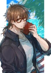 Rule 34 | 1boy, alternate hairstyle, bespectacled, black jacket, book, brown eyes, brown hair, brown pants, closed mouth, collarbone, facial hair, fate/grand order, fate (series), fingernails, glasses, goatee, hair between eyes, hector (fate), highres, holding, holding book, jacket, long hair, long sleeves, male focus, ocean, pants, shirt, tumikilondon5, upper body, white shirt