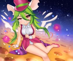 Rule 34 | 1girl, alternate form, animal ears, blush stickers, breasts, crazy eyes, green hair, hat, highres, leotard, mad rat dead, mouse (animal), mouse ears, mouse girl, mouse tail, necktie, nippon ichi, rat god, red eyes, tail, top hat, wings, wrist cuffs