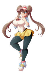 Rule 34 | 1girl, absurdres, alternate breast size, baseball cap, black pantyhose, blue eyes, blush, breasts, brown hair, creatures (company), curvy, doughnut hair bun, full body, game freak, hair bun, hair ornament, hands on own chest, hat, highres, large breasts, licking lips, long hair, looking at viewer, lucyfer, matching hair/eyes, naughty face, nintendo, pantyhose, pantyhose under shorts, poke ball symbol, pokemon, pokemon bw2, rosa (pokemon), shiny clothes, shiny skin, shoes, short shorts, shorts, simple background, sneakers, solo, thighs, tongue, tongue out, very long hair, white background