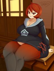 Rule 34 | 1girl, arezu (pokemon), breasts, cleavage, creatures (company), female focus, game freak, highres, large breasts, looking at viewer, matching hair/eyes, nintendo, plump, pokemon, pokemon legends: arceus, red eyes, red hair, short hair, solo, thick thighs, thighs, wide hips, yummygoods