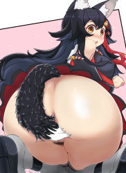 Rule 34 | 1girl, anal hair, animal ears, ass, black hair, brown eyes, from behind, highres, hololive, looking at viewer, matarou (matarou072), ookami mio, pubic hair, surprised, tail, virtual youtuber, wolf ears, wolf girl, wolf tail