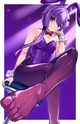 Rule 34 | 1girl, alternate costume, animal ears, arm behind back, arm support, bare shoulders, blush, bow, bowtie, breasts, commentary request, covered navel, crossed legs, detached collar, elbow on knee, hair between eyes, hair ornament, hairpin, hand on own cheek, hand on own face, hand up, head rest, highres, leg up, legs, leotard, long hair, looking at viewer, on stool, pantyhose, playboy bunny, purple eyes, purple hair, purple leotard, rabbit ears, red bow, red bowtie, sitting, skin tight, small breasts, smile, tenneko yuuri, thighs, twintails, vocaloid, voiceroid, wrist cuffs, yuzuki yukari