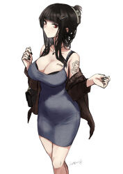 Rule 34 | 1girl, bag, barcode, barcode tattoo, bare shoulders, black bra, black dress, black hair, black nails, blunt bangs, bra, breast tattoo, breasts, brown cardigan, butterfly tattoo, cardigan, closed mouth, collarbone, covered navel, d (killer wife) (nikke), d (nikke), dongtan dress, dress, goddess of victory: nikke, hair ornament, handbag, heart, heart necklace, kojima (blue stardust), large breasts, long hair, looking at viewer, meme attire, nail polish, necklace, official alternate costume, open cardigan, open clothes, red eyes, smile, solo, tattoo, underwear