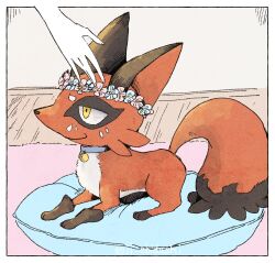 Rule 34 | animal hands, bell, black eyeshadow, border, collar, creatures (company), eyeshadow, fox, game freak, gen 8 pokemon, head wreath, highres, ii ebidashi, large ears, makeup, nickit, nintendo, on pillow, orange fur, pokemon, white border, yellow eyes