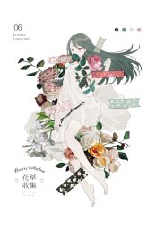 Rule 34 | 1girl, bare arms, bare legs, bare shoulders, bity3155660241, black hair, bud, chinese text, clenched hand, clothes lift, color guide, commentary request, covered mouth, dress, dress lift, english text, feet, flower, full body, knees, leaf, long hair, looking ahead, mixed-language text, original, pink eyes, pink flower, pink rose, red flower, rose, short dress, simple background, sleeveless, sleeveless dress, solo, spaghetti strap, tape, toes, white background, white dress, white flower, white rose, yellow flower, yellow rose