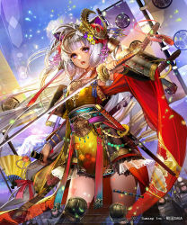 Rule 34 | 1girl, animal ears, armor, army, arrow (projectile), banner, blue sky, blunt bangs, boots, contrapposto, cowboy shot, hairband, holding, holding sword, holding weapon, japanese armor, japanese clothes, katana, kusazuri, liduke, light rays, long hair, looking at viewer, obi, official art, outdoors, pelvic curtain, purple eyes, quiver, sash, scabbard, sengoku saga, sheath, silver hair, sky, solo focus, standing, sword, unsheathed, watermark, weapon