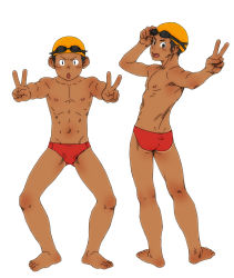 Rule 34 | 2boys, ass, bad id, bad pixiv id, barefoot, double v, full body, gluteal fold, goggles, highres, male focus, male swimwear, multiple boys, navel, open mouth, original, red male swimwear, red swim briefs, short hair, simple background, smile, swim briefs, swim cap, swimsuit, tan, tanline, topless male, torte (triggerhappy), v, white background
